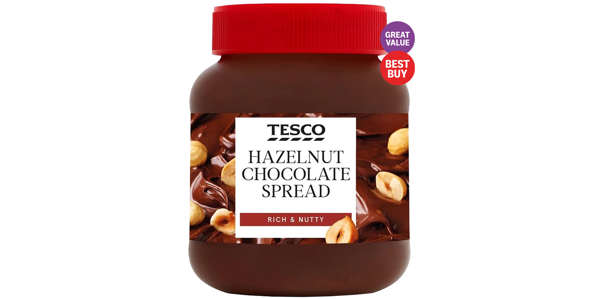 Tesco chocolate hazelnut spread with Best Buy logo and Great Value logo