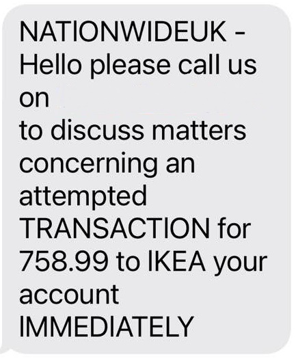 A scam text impersonating Nationwide