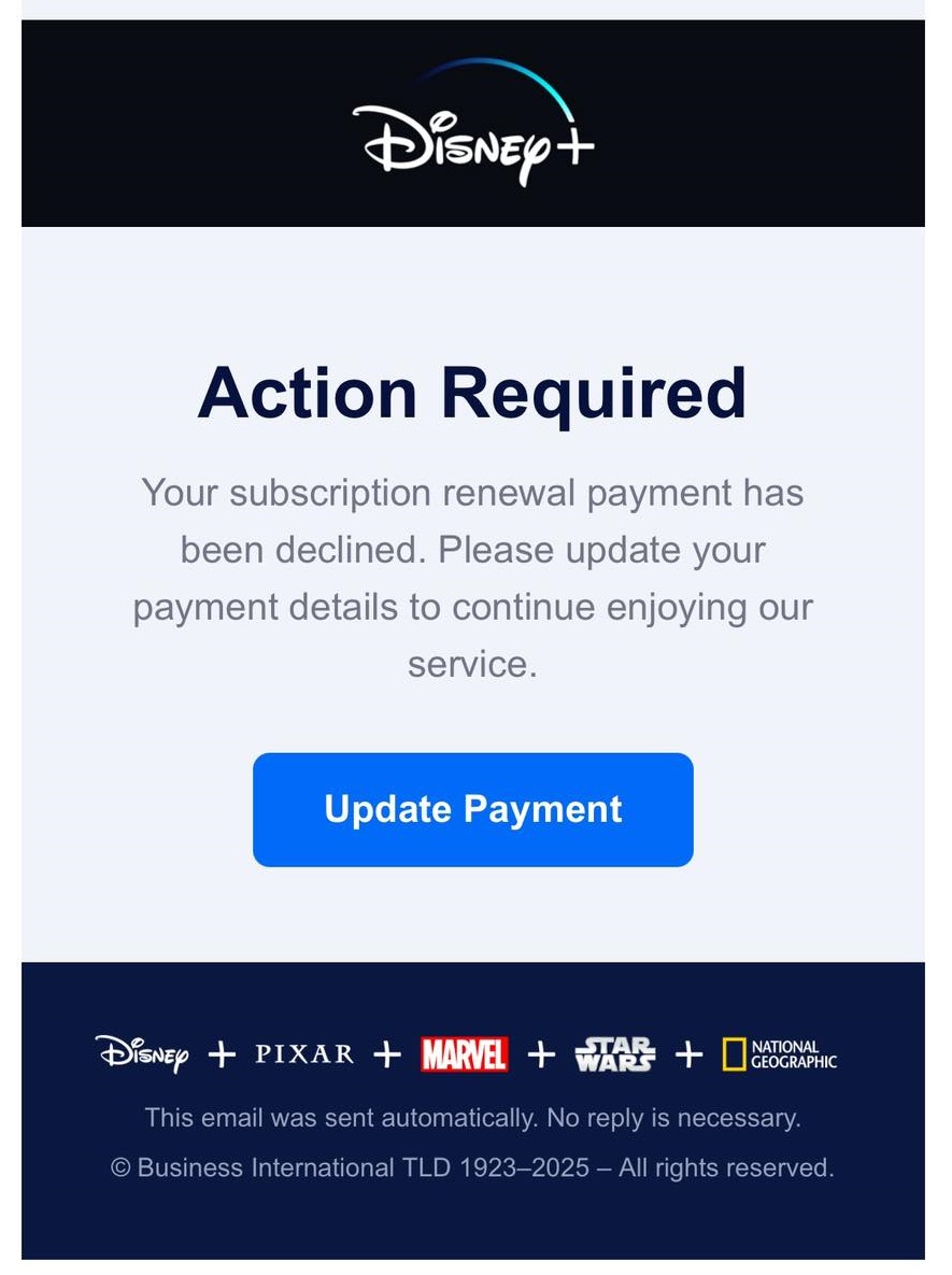 A scam email impersonating Disney+