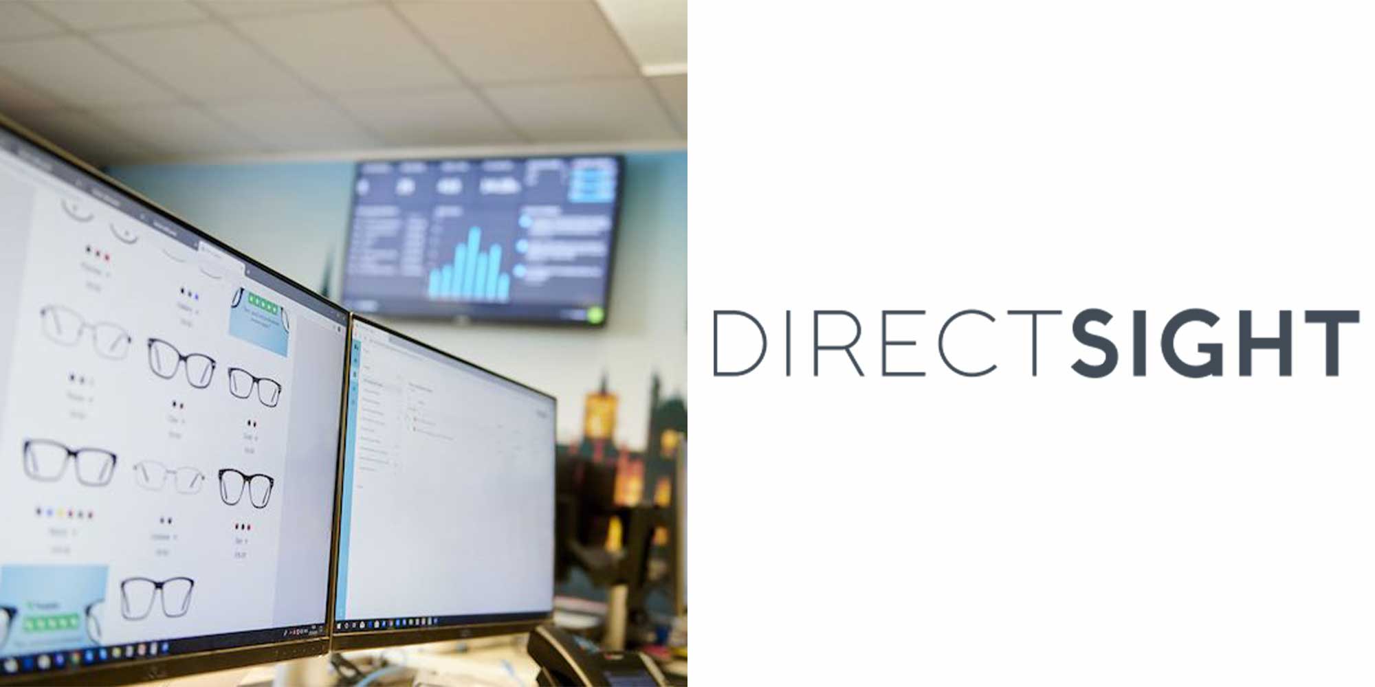 Two computer monitors displaying eyeglasses and a graph, with "DirectSight" text on the right side.