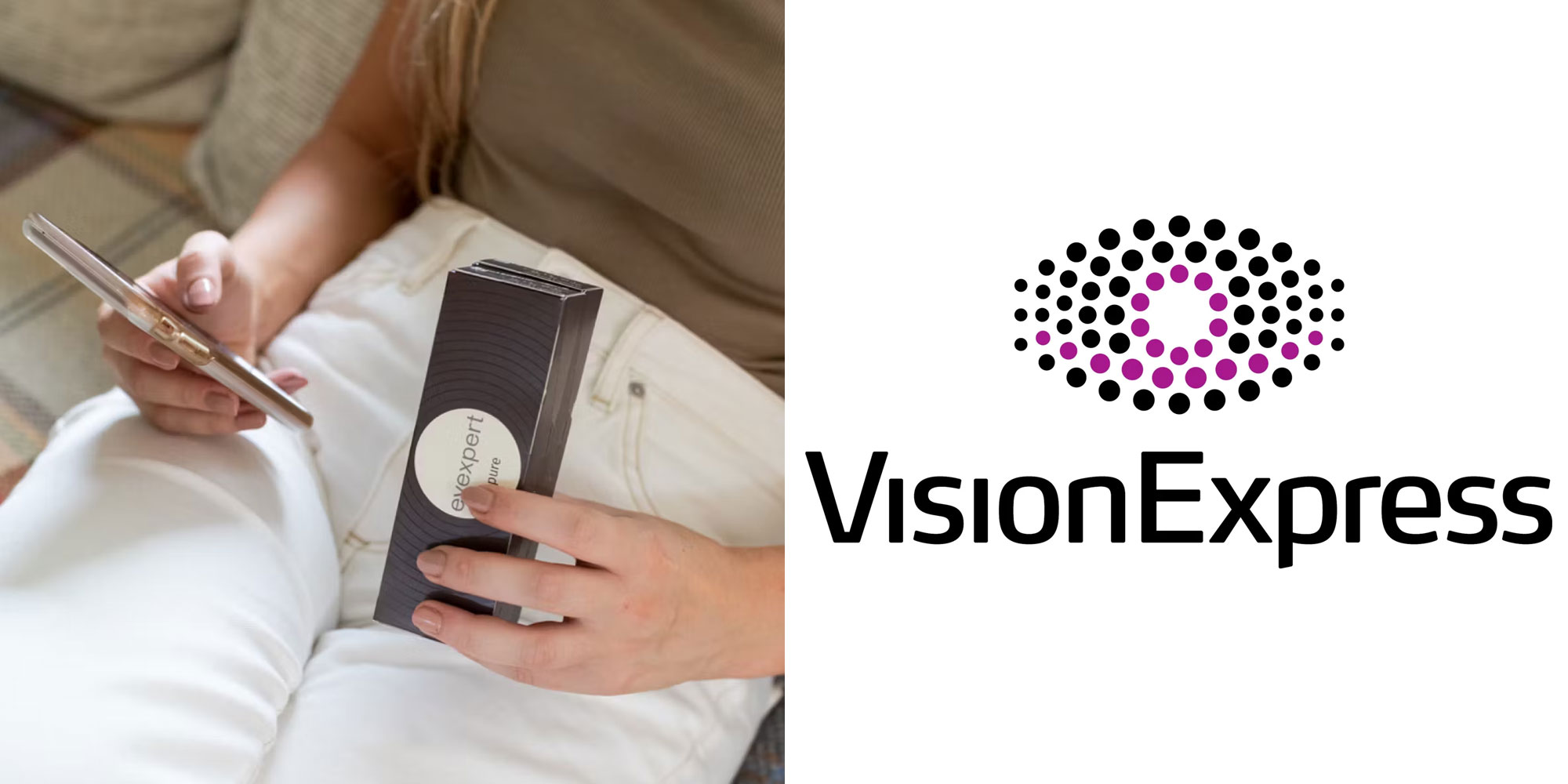 VisionExpress logo and someone holding contact lenses