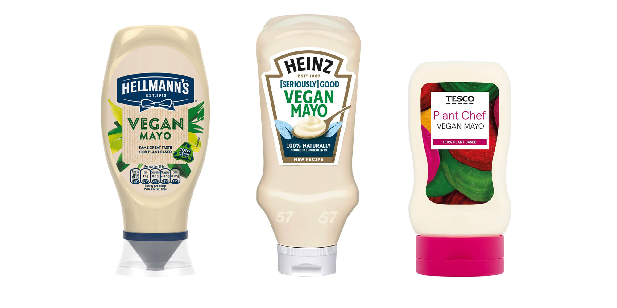Three bottles of vegan mayonnaise: Hellmann's, Heinz and Tesco Plant Chef