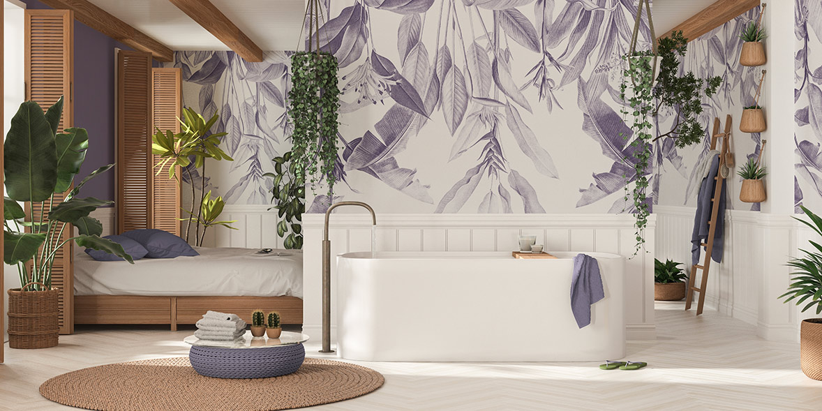 a large bathroom with patterned wallpaper