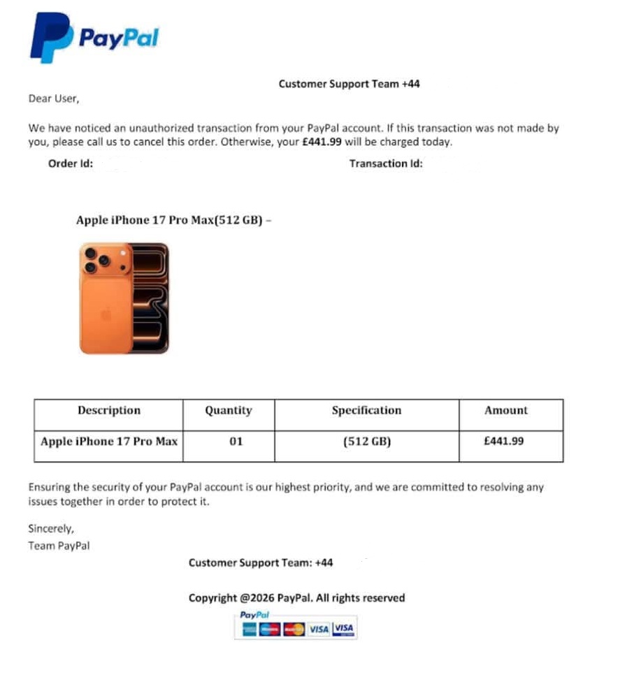 A scam email impersonating PayPal