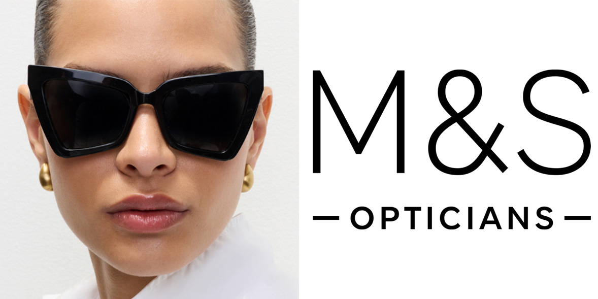 Woman wearing sunglasses alongside M&S opticians logo