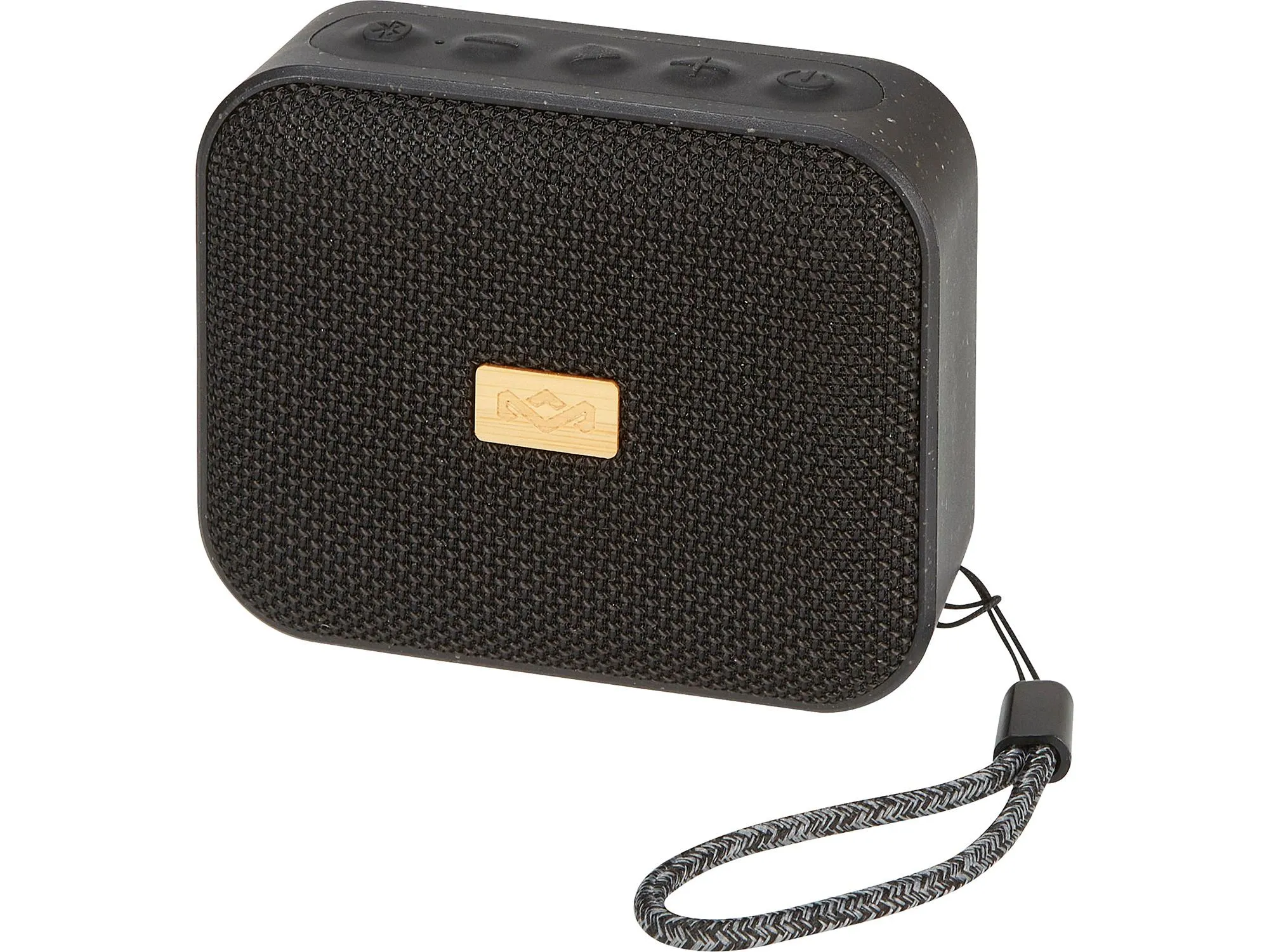 House of Marley Jammin Bluetooth speaker. Black plastic and farbric rectangle speaker with a fabric carry loop