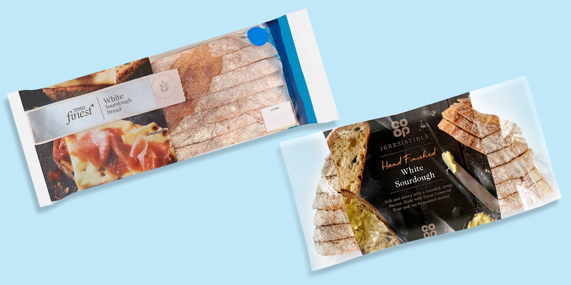 Tesco white sourdough bread and Co-op white sourdough bread