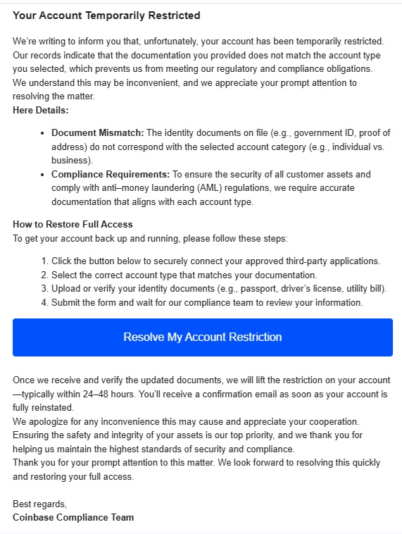 A scam email impersonating Coinbase