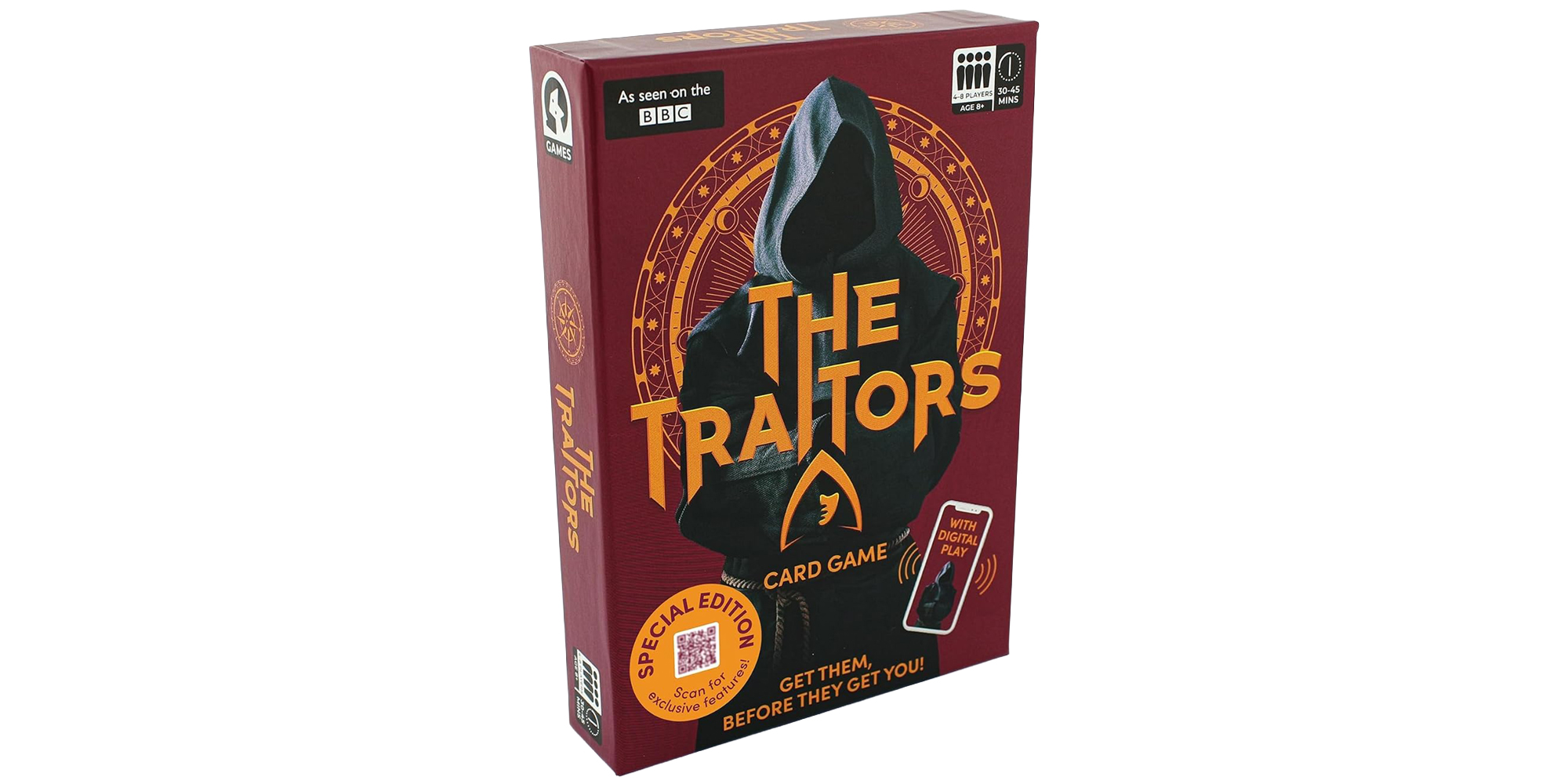 Red box of The Traitors card game with digital play option, featuring a hooded figure.