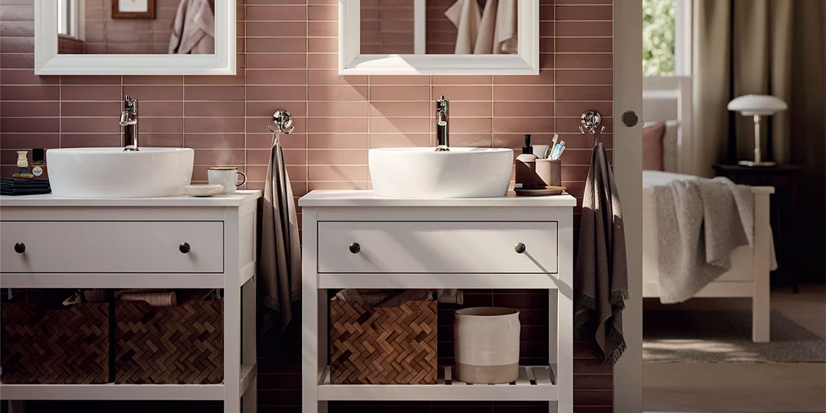 Ikea sinks and cabinets in an en-suite bathroom