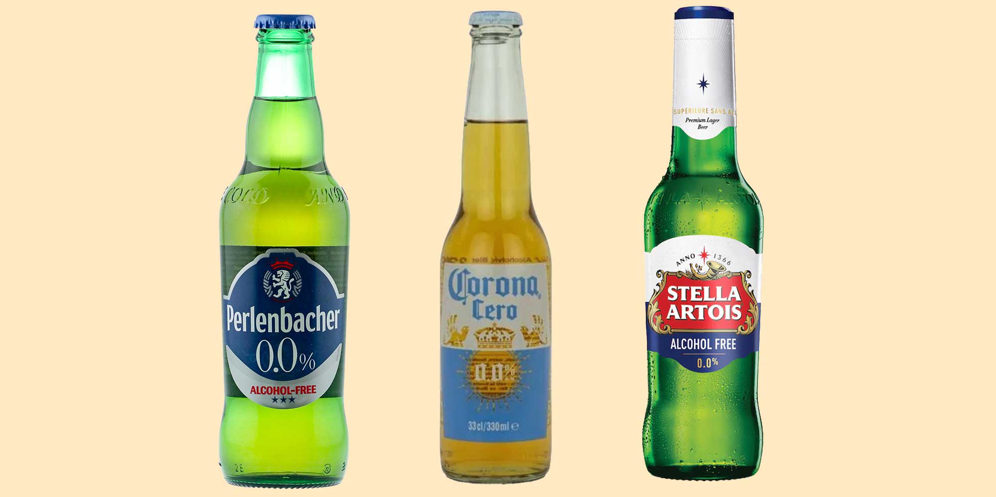 Three bottles of zero alcohol beer: Perlenbacher 0.0% (Lidl), Corona Cero 0.0% and Stella Artois 0.0%