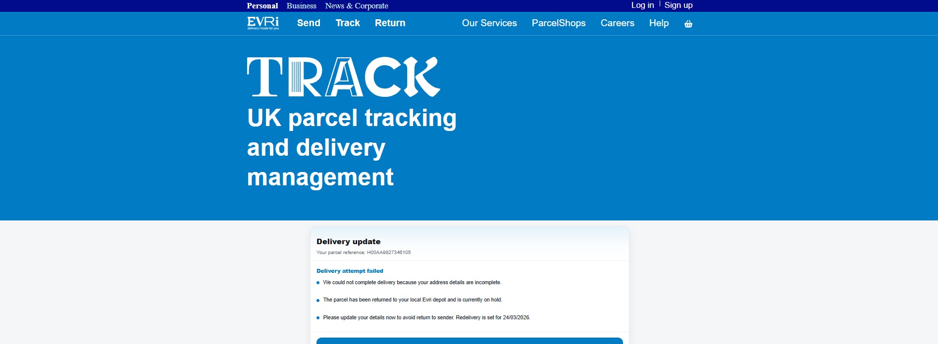 A scam website impersonating Evri