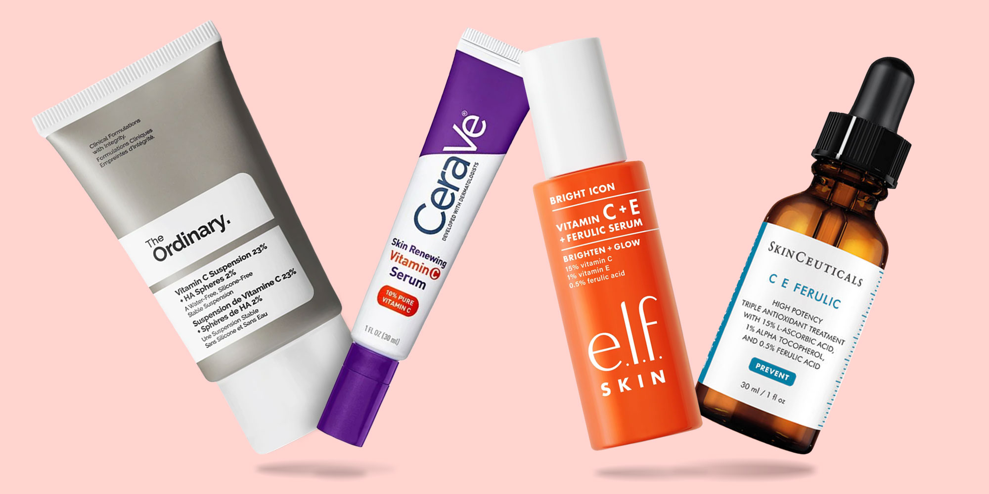 A selection of vitamin C serums against an orange background. 