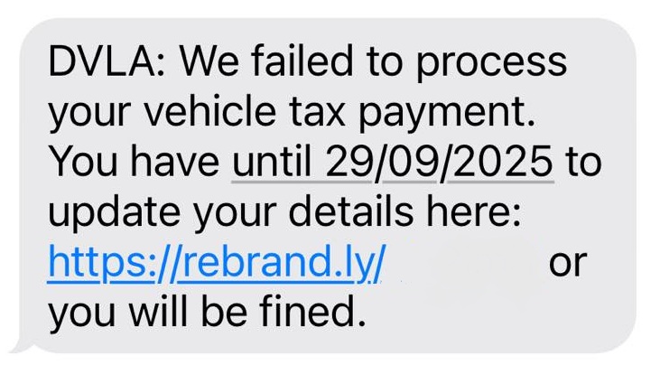 A scam text impersonating the DVLA