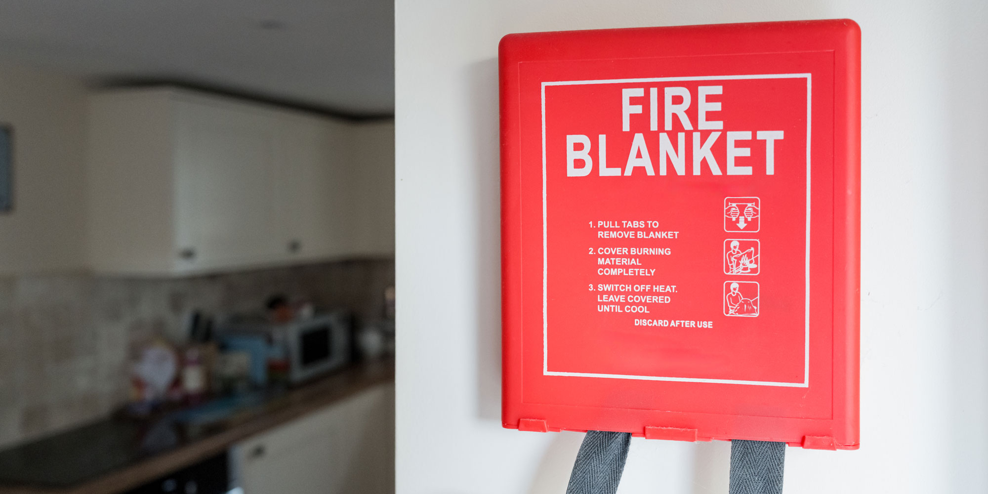 A fire blanket mounted on a wall