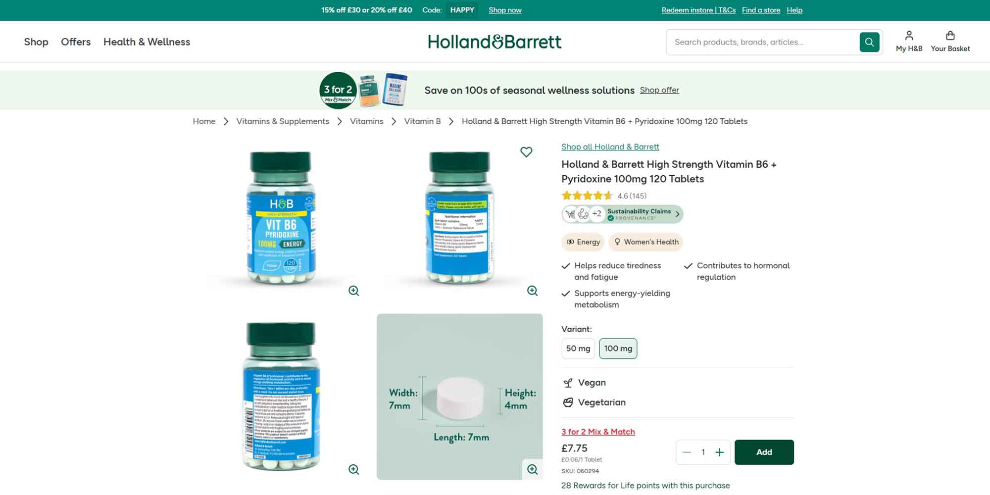 Listing for vitamin B6 supplement on Holland & Barrett