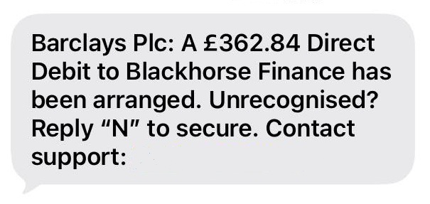 A scam text impersonating Barclays