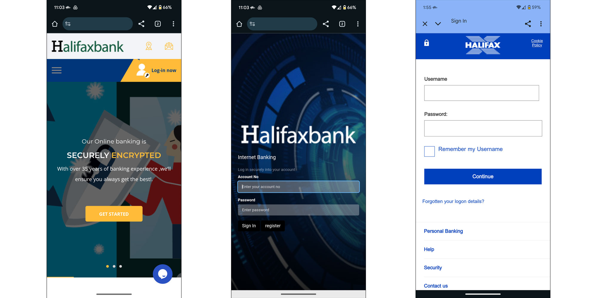 Screenshots of fake Halifax websites created by scammers