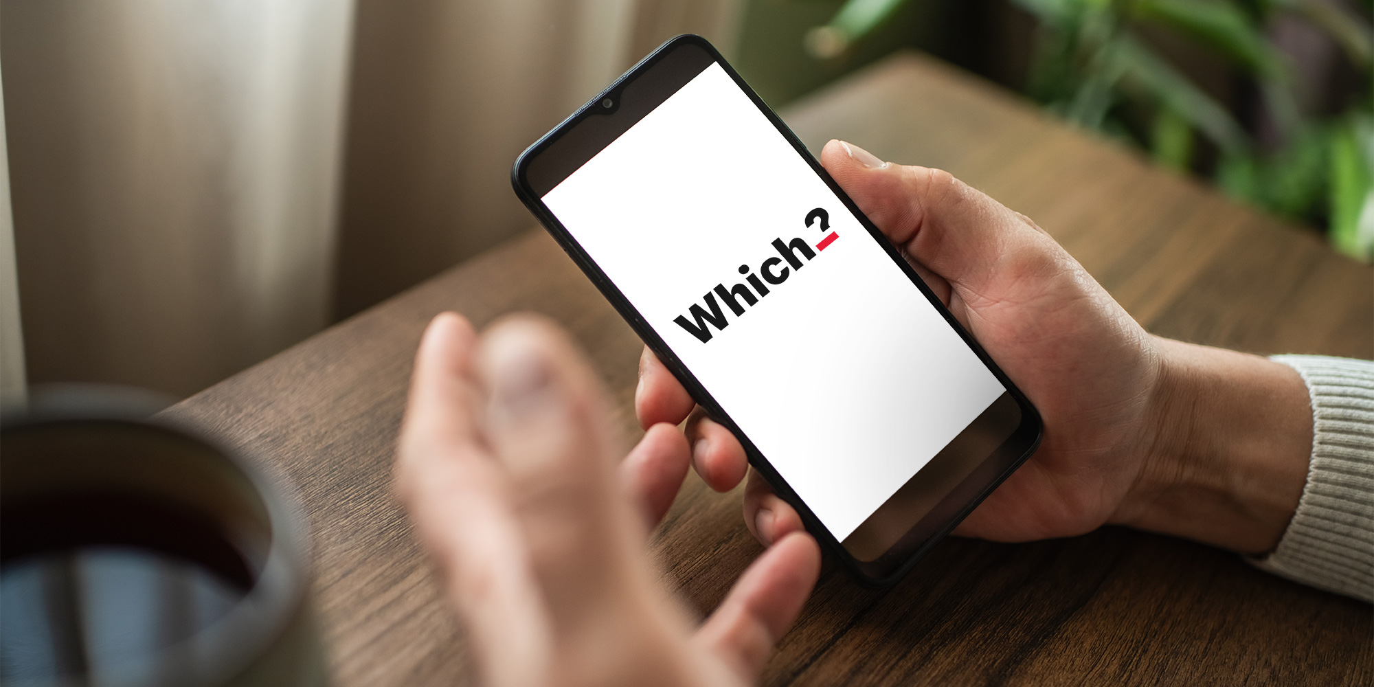 Hand holding phone with Which? logo on screen