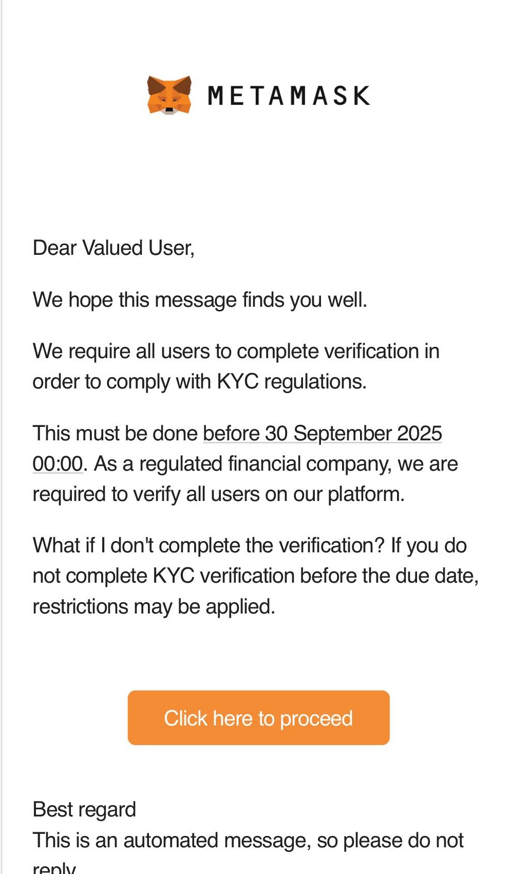 A scam email impersonating MetaMask