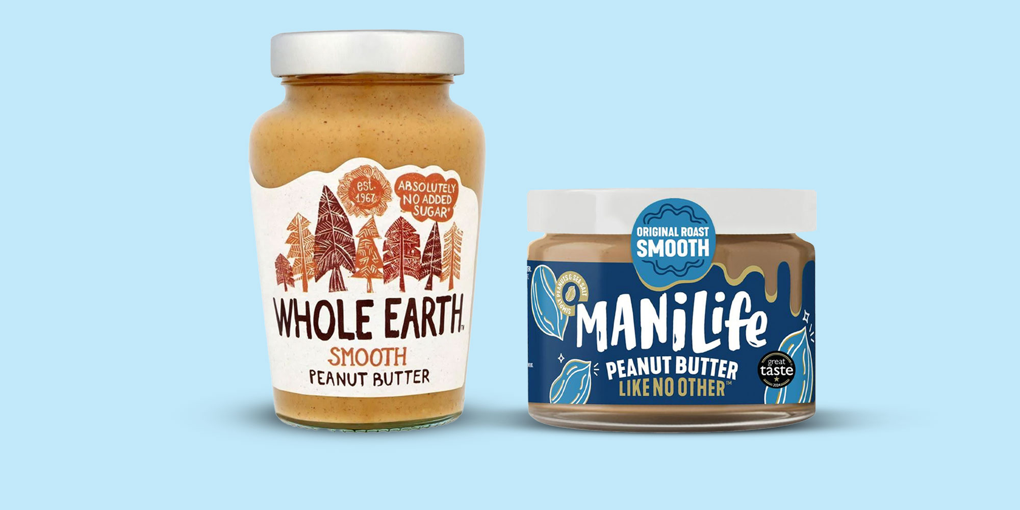 A jar of Whole Earth smooth peanut butter and a jar of Manilife smooth peanut butter