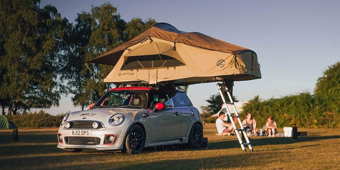 Roof tent set up on a Mini
