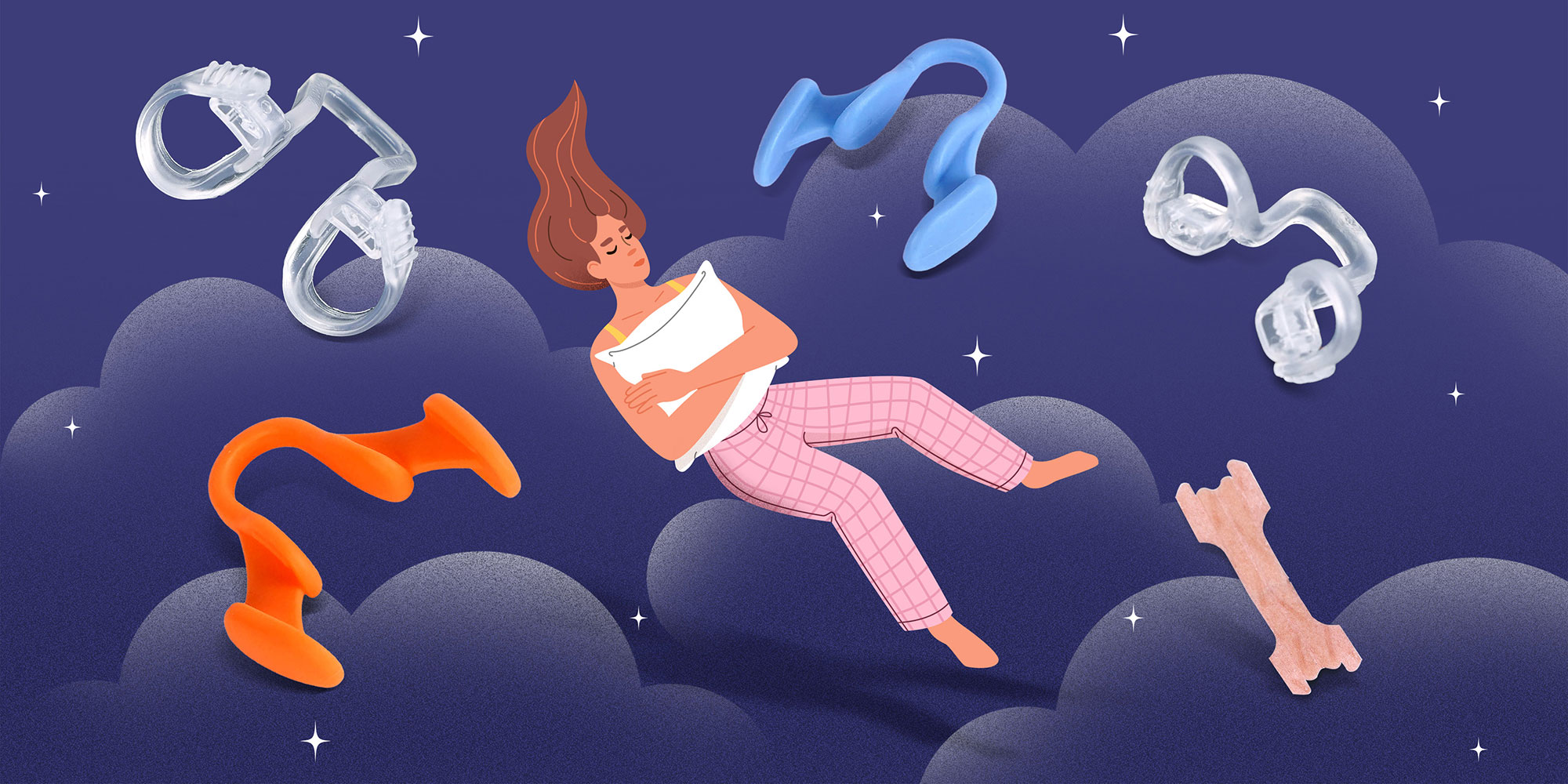 A cartoon of a woman asleep in the night sky, surrounded by anti-snoring products like nasal dilators and nasal strips