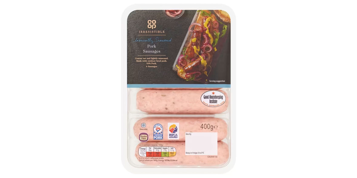Six pack of Co-op Irresistible pork sausages