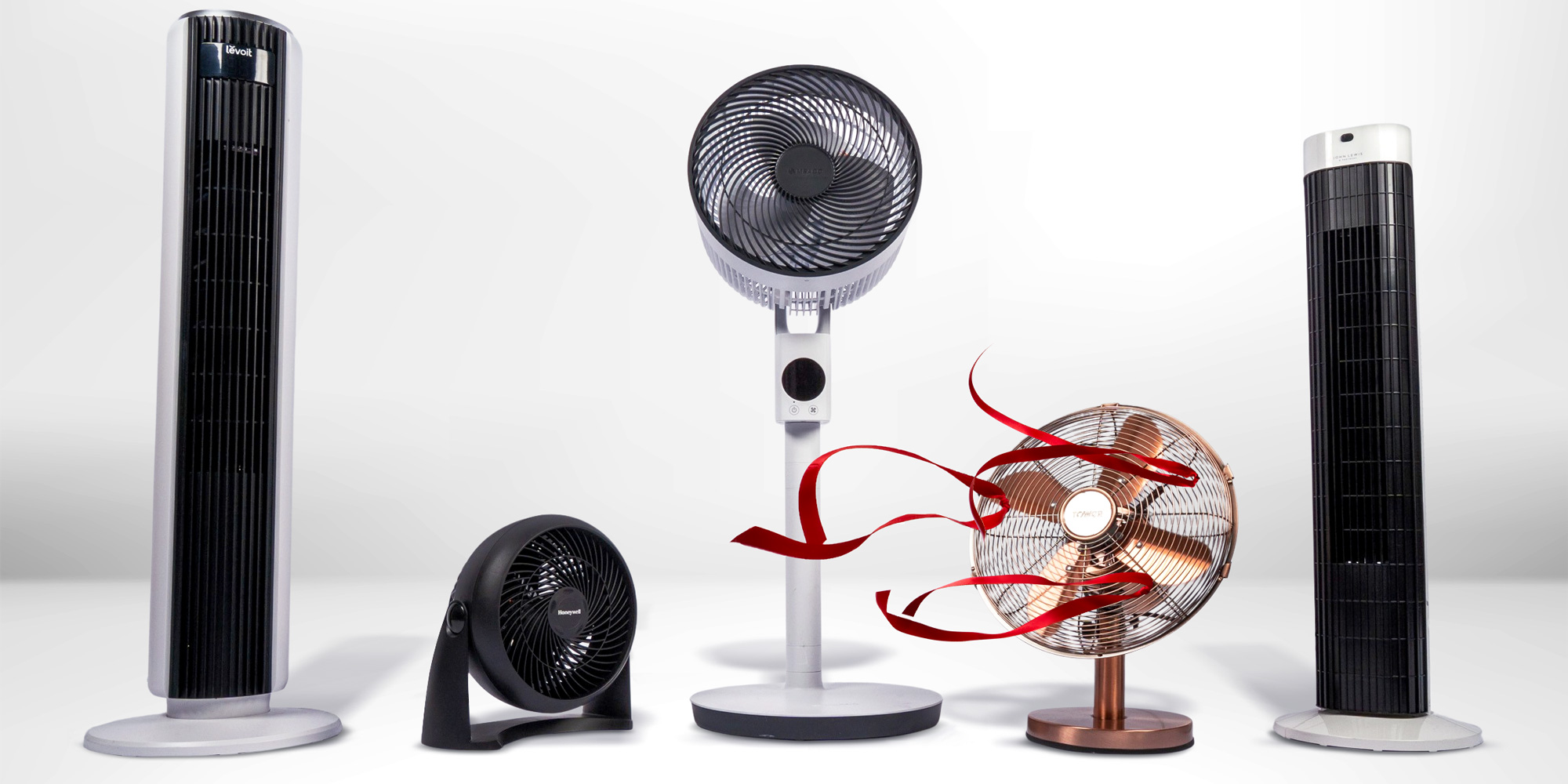 Five electric fans of different styles and brands displayed against a white background.