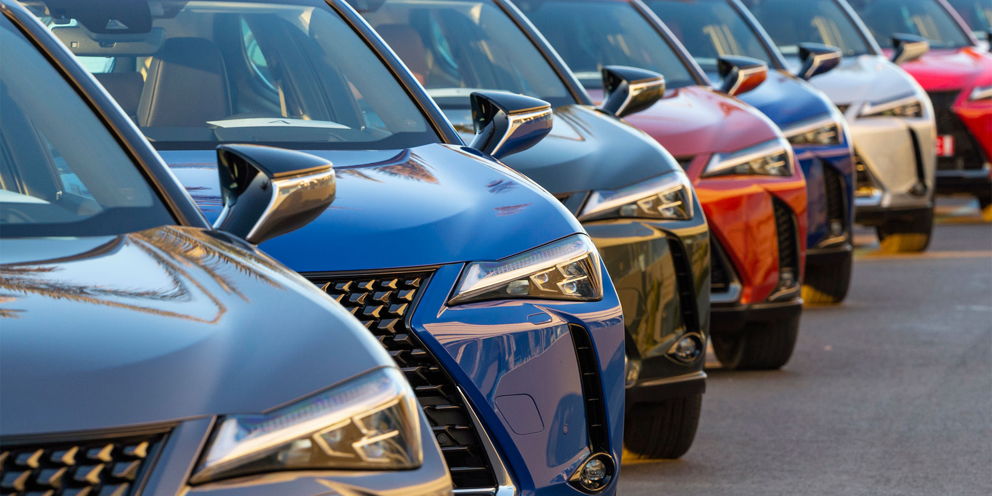 Different coloured new cars lined up at an angle