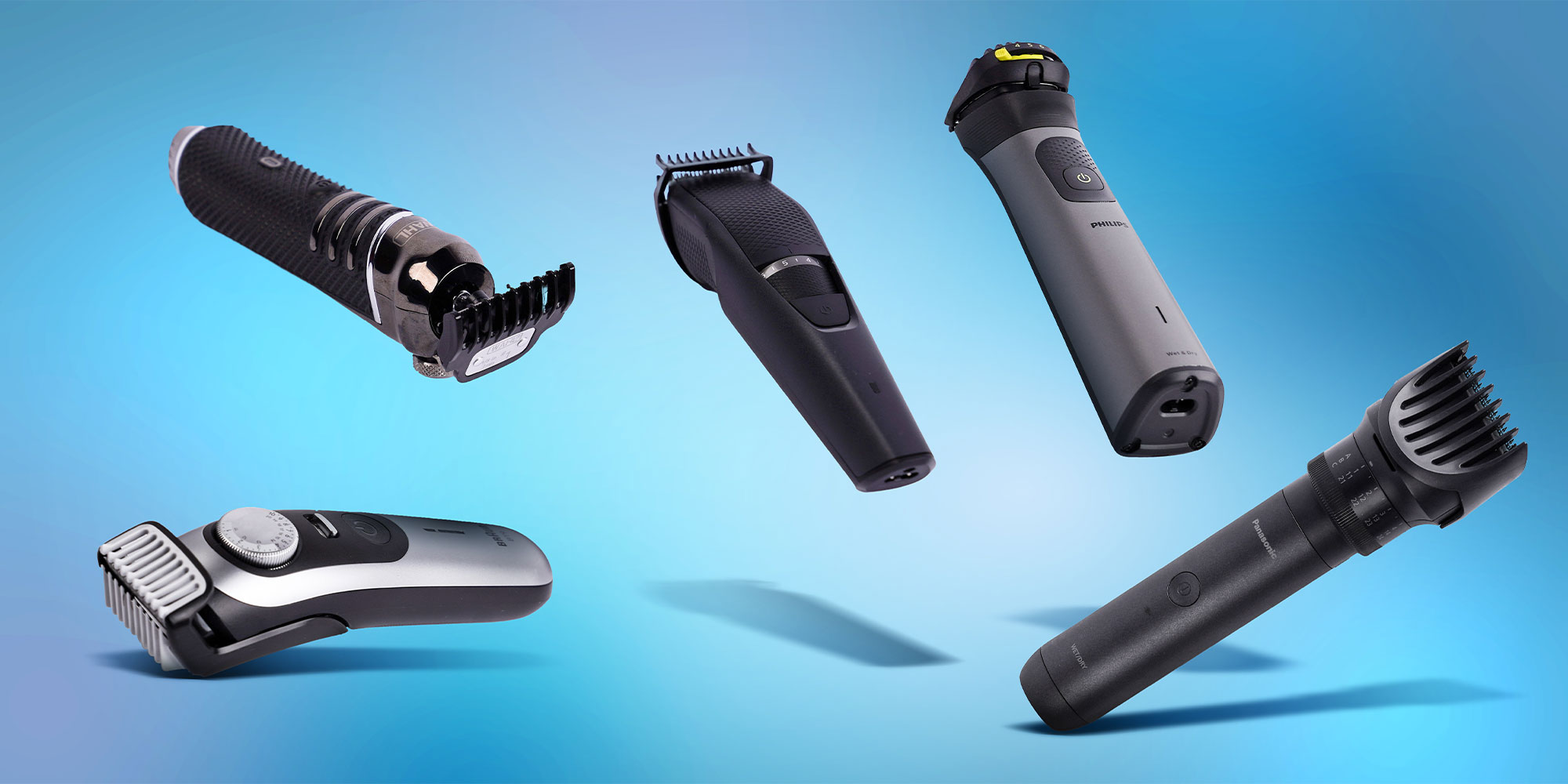 Five beard trimmers against a blue background