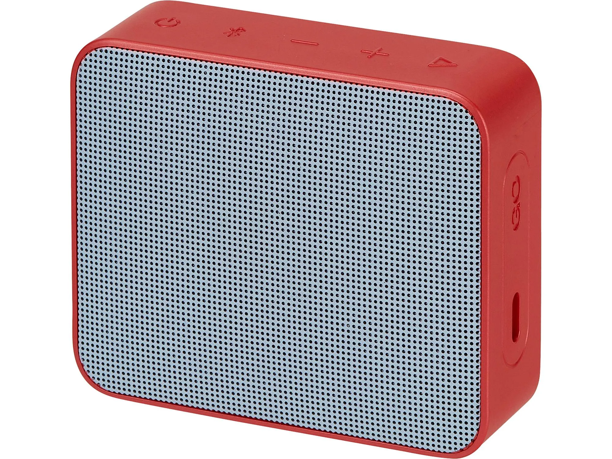 JBL Go Essential 2 Bluetooth speaker. Small red and grey plastic rectangle speaker.