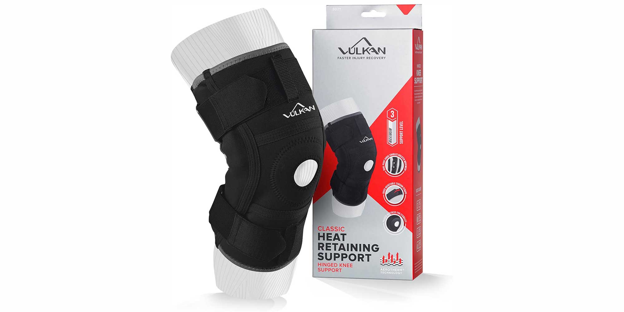 Black Vulkan Hinged Knee Support next to it's packaging