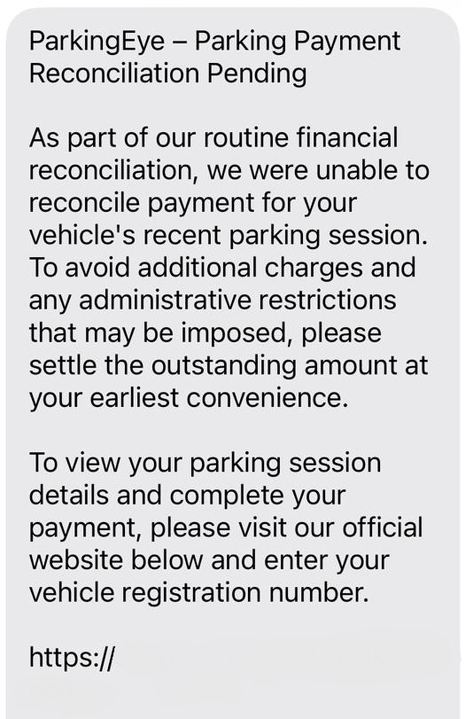 A scam text impersonating Parkingeye