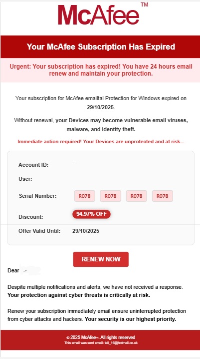 A scam email impersonating McAfee