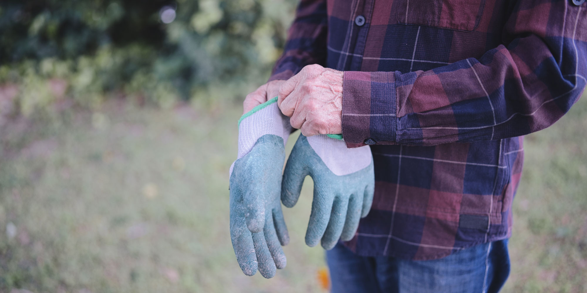 Putting on gardening gloves