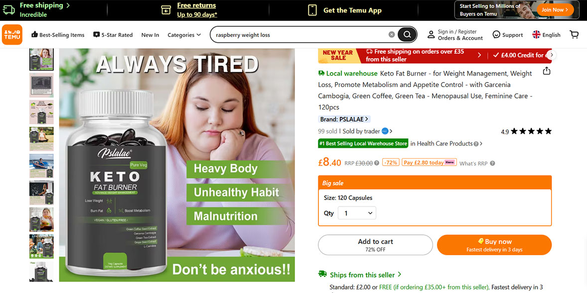 Screenshot of the 'keto fat burner' product listing on Temu