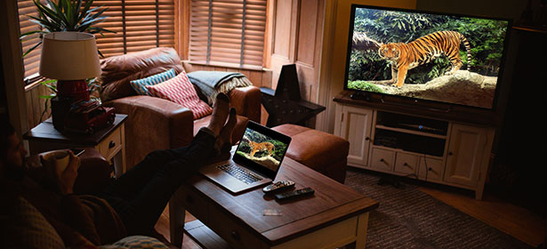 Cosy living room with a laptop and TV displaying the same image a of a tiger to demonstrate screen sharing