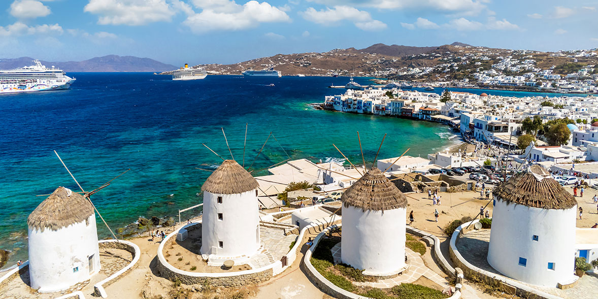 Famous windmills by the sea in Mykonos, Greece