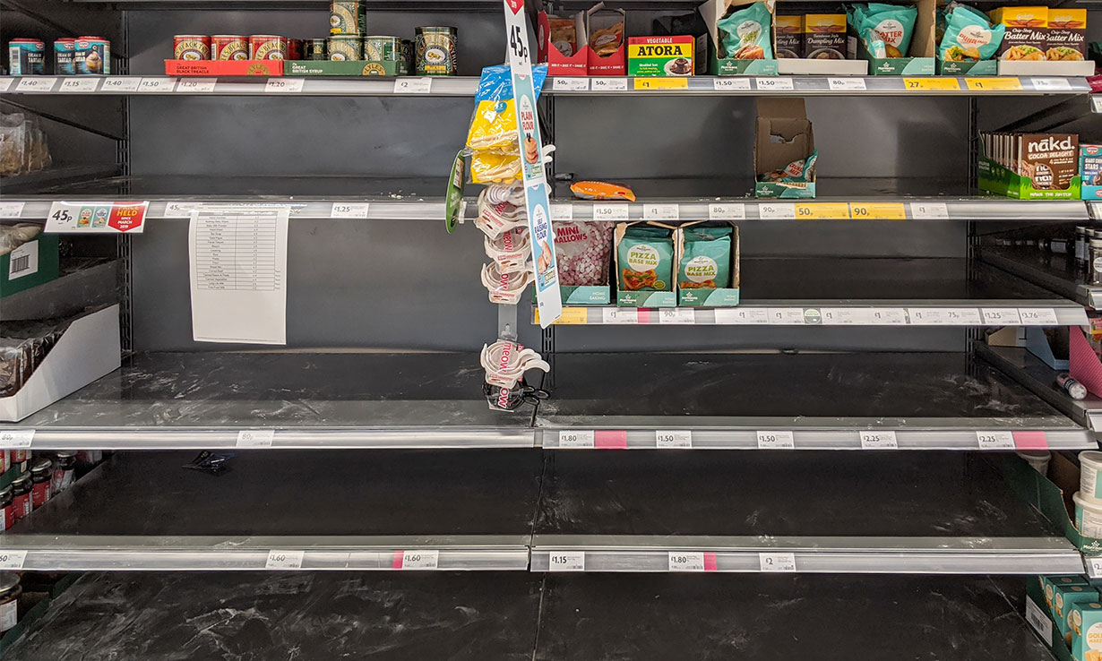 empty supermarket shelves with no flour
