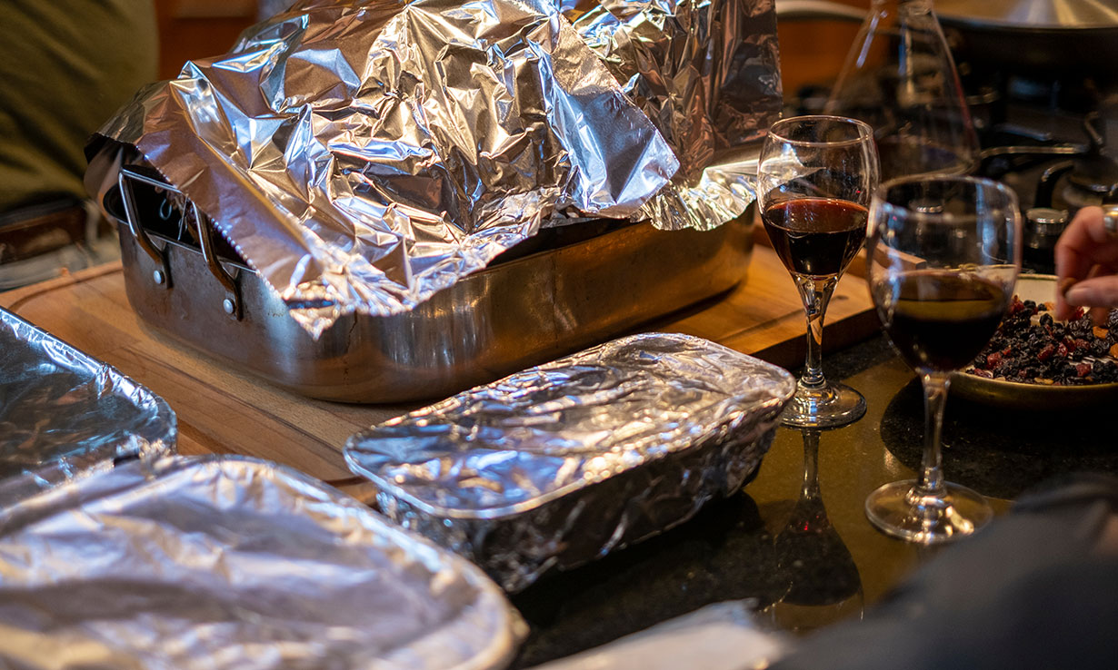 Dishes covered in foil